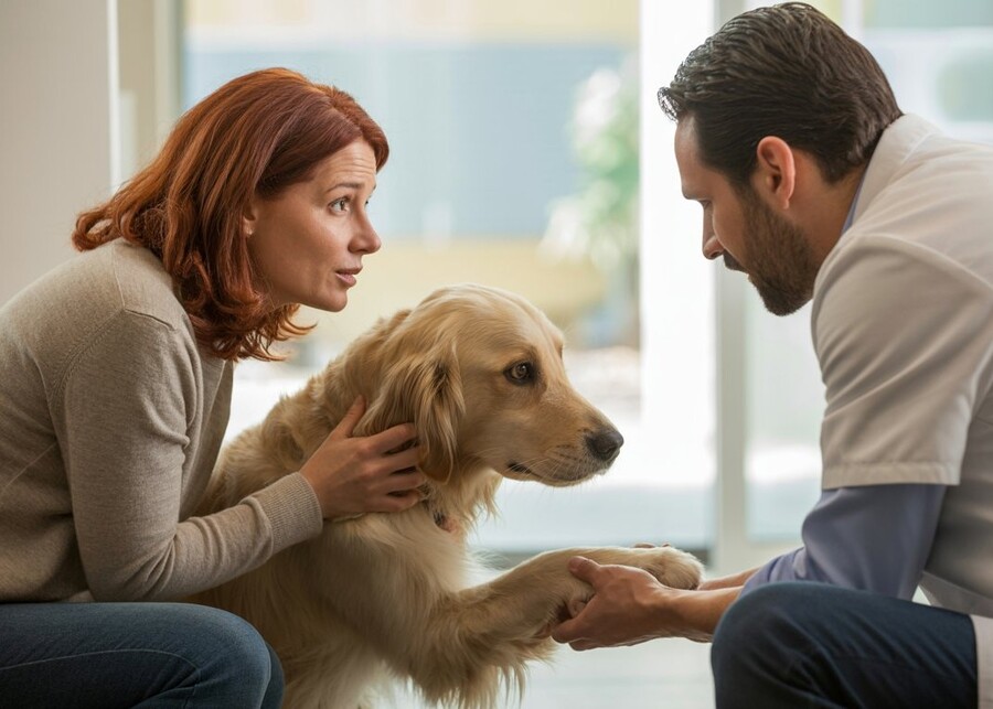 A pet owner talking to a veterinarian