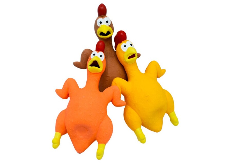 Classic squeaky latex chicken dog toys in multiple colors for wholesale and retail.