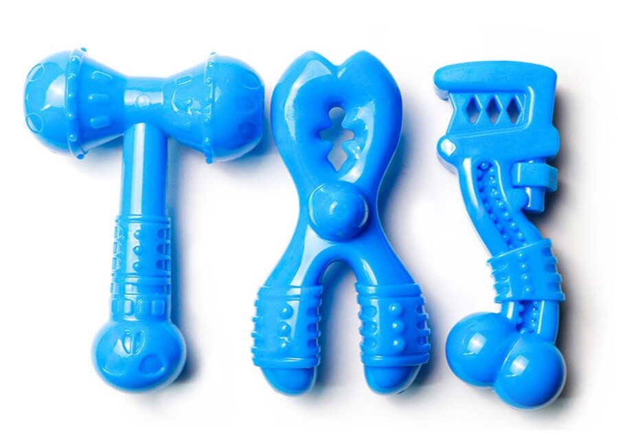 Durable blue nylon dog chew toys in tool shapes for aggressive chewers, OEM available.