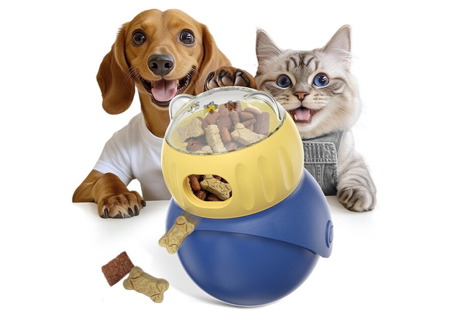 Interactive plastic tumbler treat dispenser, a puzzle feeder toy for dogs and cats.