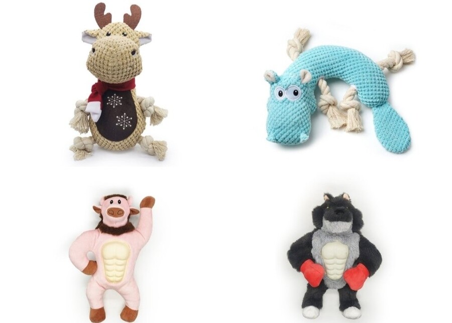 A hybrid dog toy combining plush fabric and other material like rope and rubber