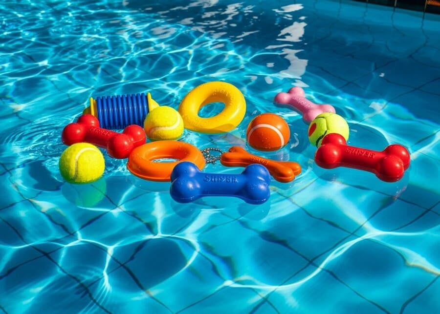 A collection of colorful dog water toys floating in a pool