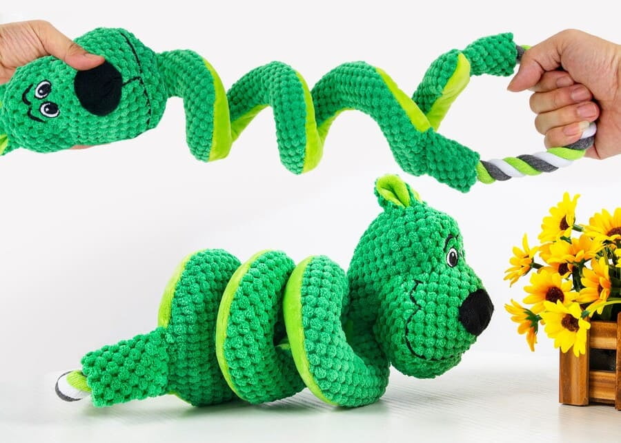 Custom Plush Tug Toy A durable green spiral plush snake dog toy with a rope handle for tugging.