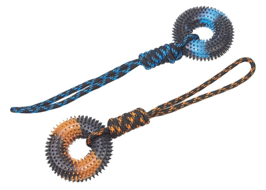Wholesale Rope Tug Toys Two spiky rubber ring dog tug toys with durable rope handles in blue/orange.