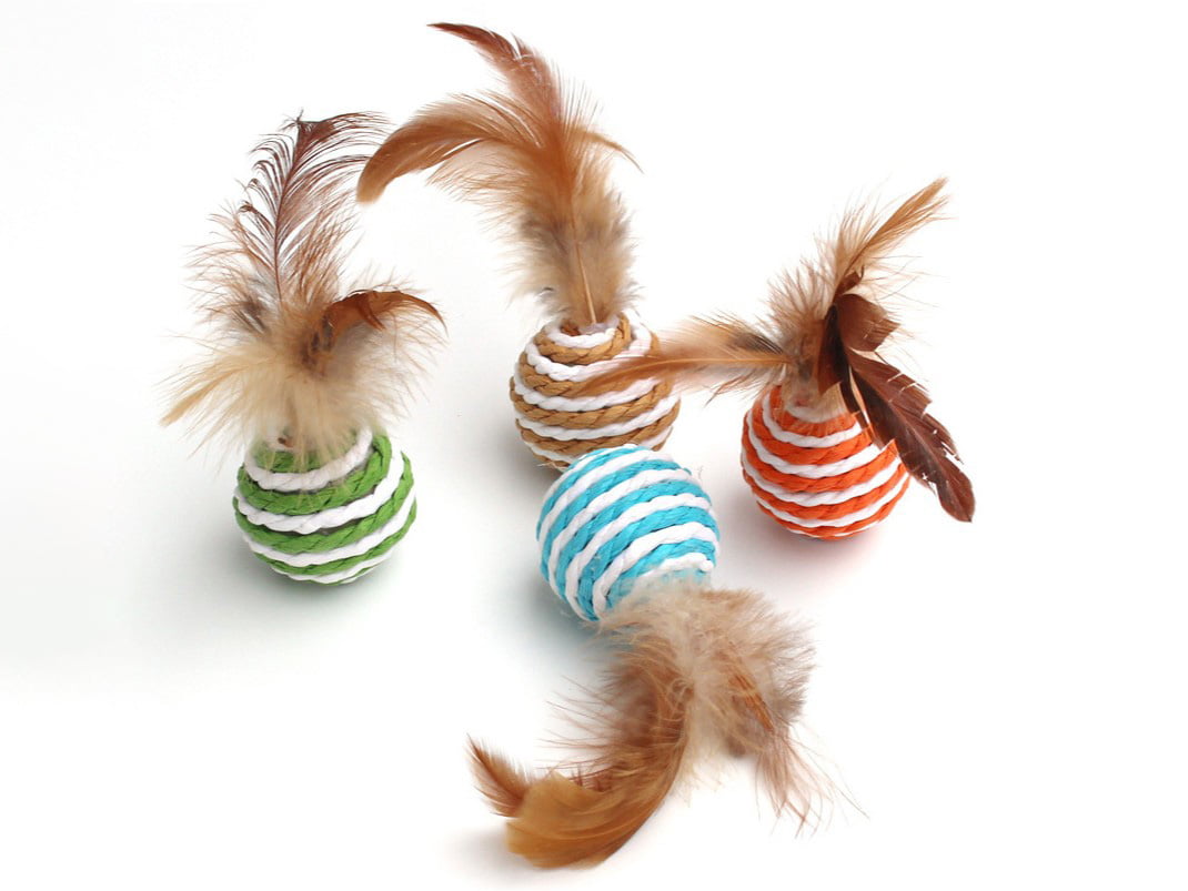 Assorted sensory cat toys including crinkle balls and feather attachments