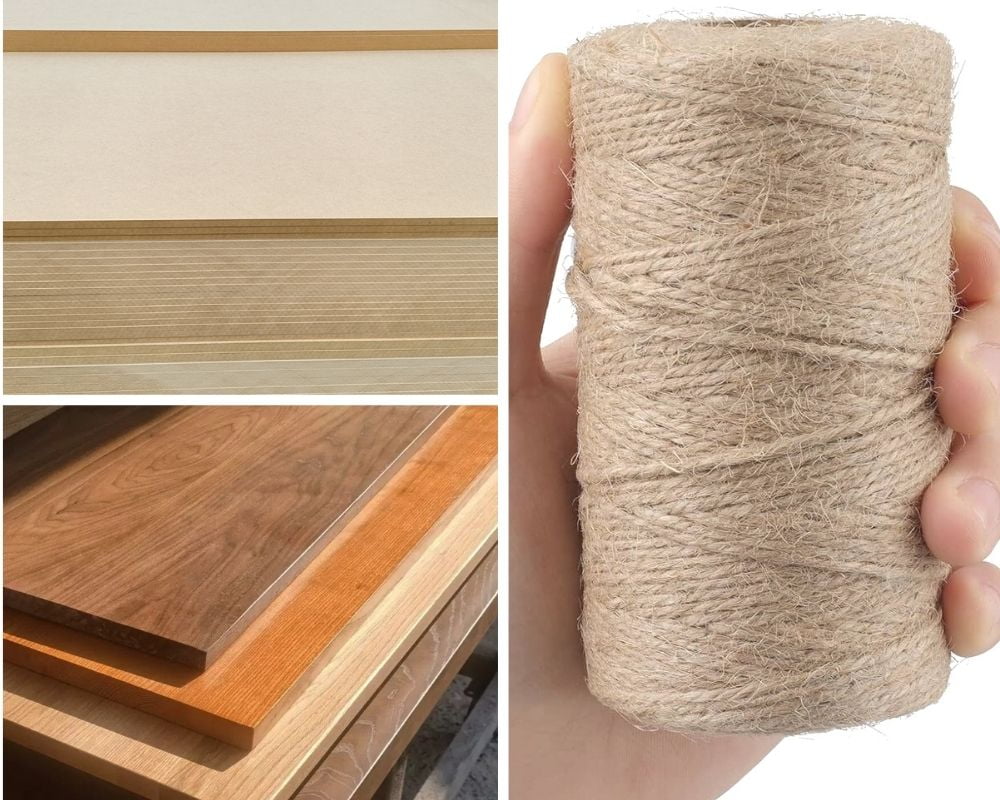 Close-up of natural sisal rope and certified particle board materials
