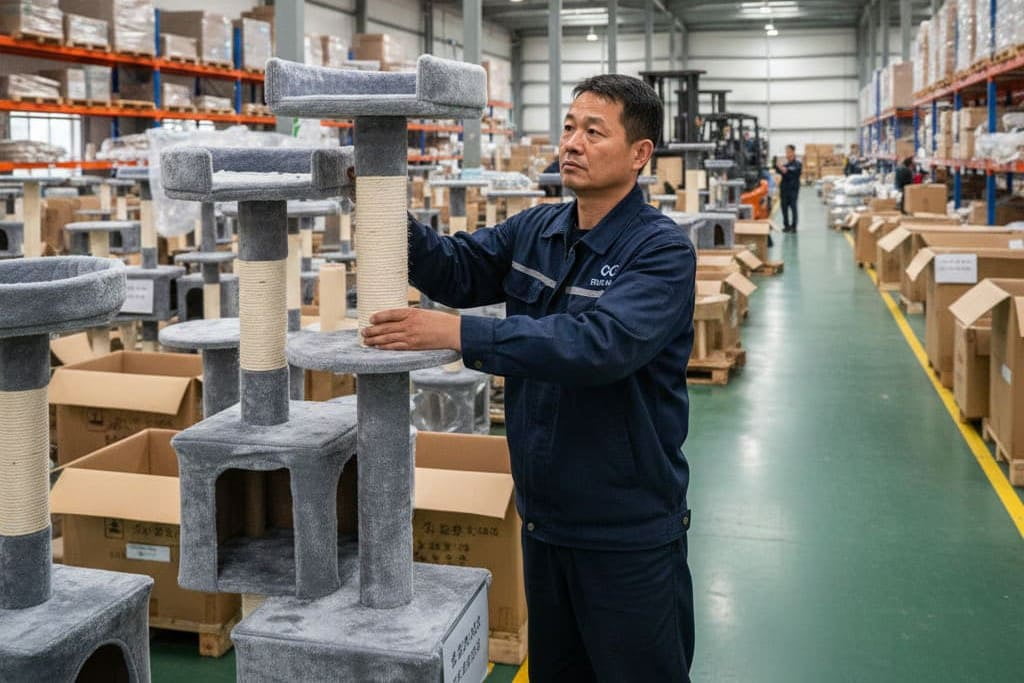 Inspector checking stability of cat furniture cat trees