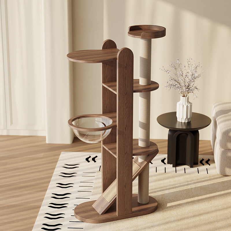 Modern wooden cat tree in a living room setting
