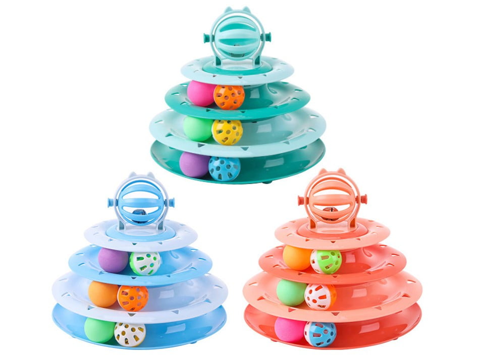 Multi-tier cat toy ball track system for interactive play