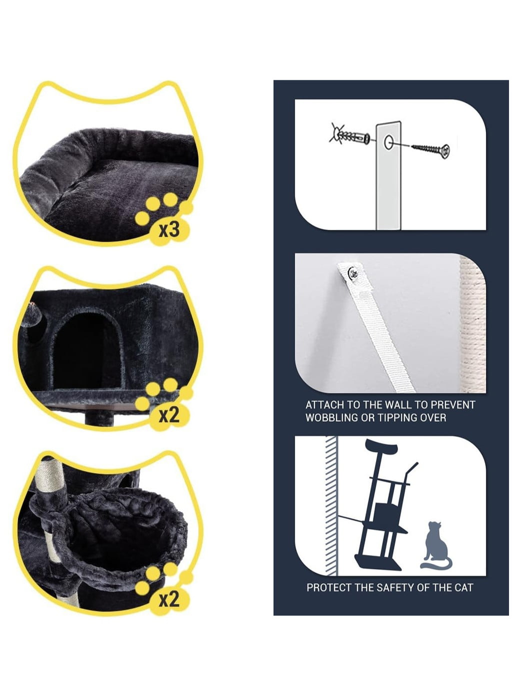 Structural engineering diagram of a stable cat tree showing reinforced base and thick posts