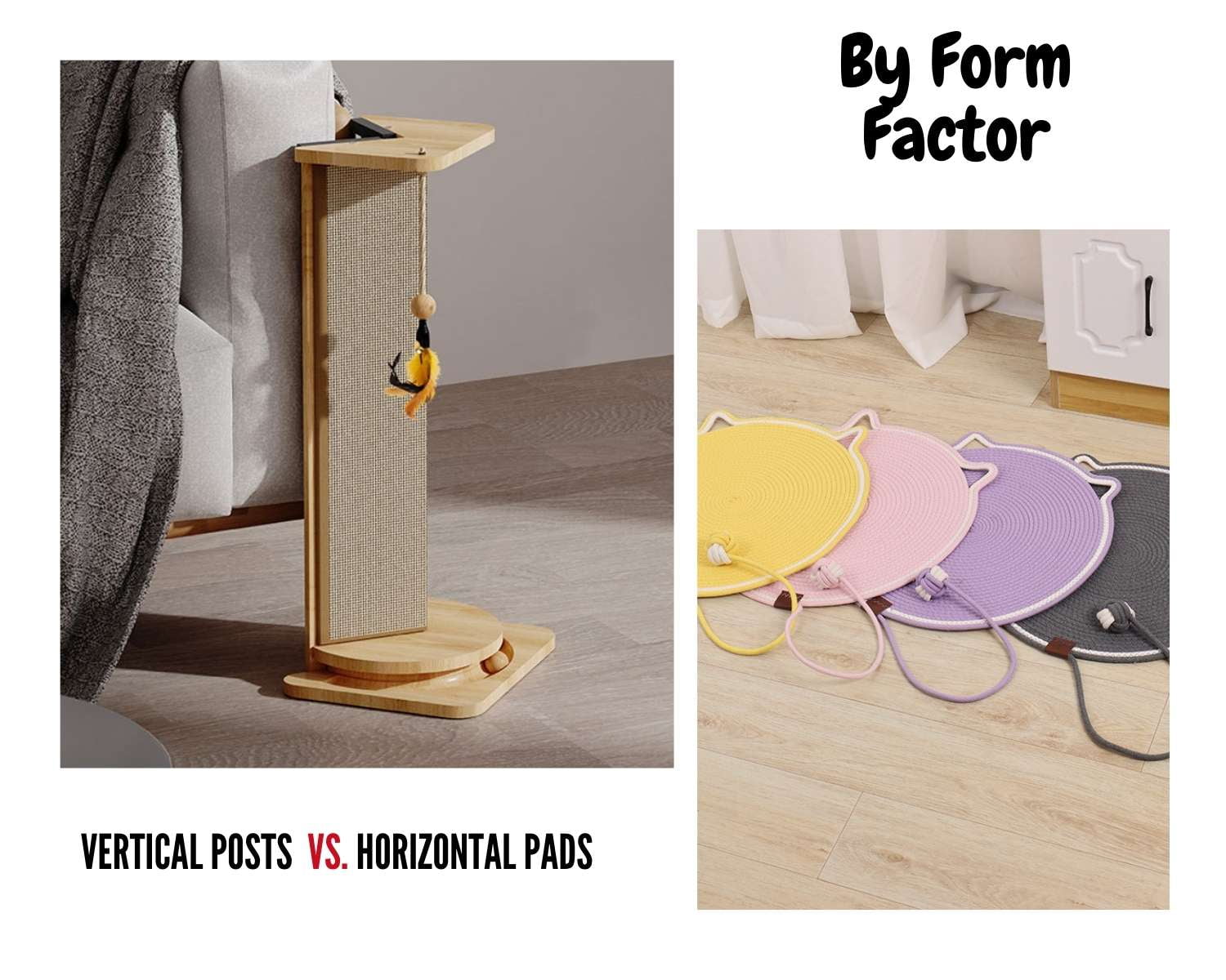 Comparison of vertical cat scratcher post and horizontal cat scratch pad