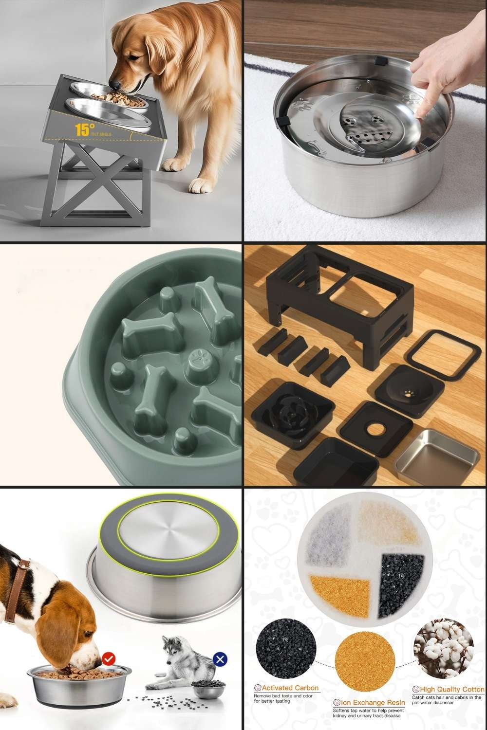 Pet feeder engineering structural diagram showing ergonomic angles and slow feed patterns