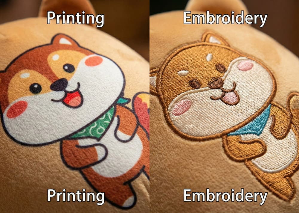 A split-screen close-up photograph comparing fabric decoration techniques on plush toys. The left side, labeled "Printing," shows a smooth, digitally printed Shiba Inu character design. The right side, labeled "Embroidery," shows the same character design rendered with raised, textured thread stitching.