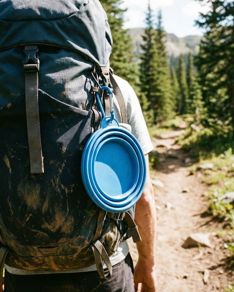 Collapsible silicone pet travel bowl attached to backpack