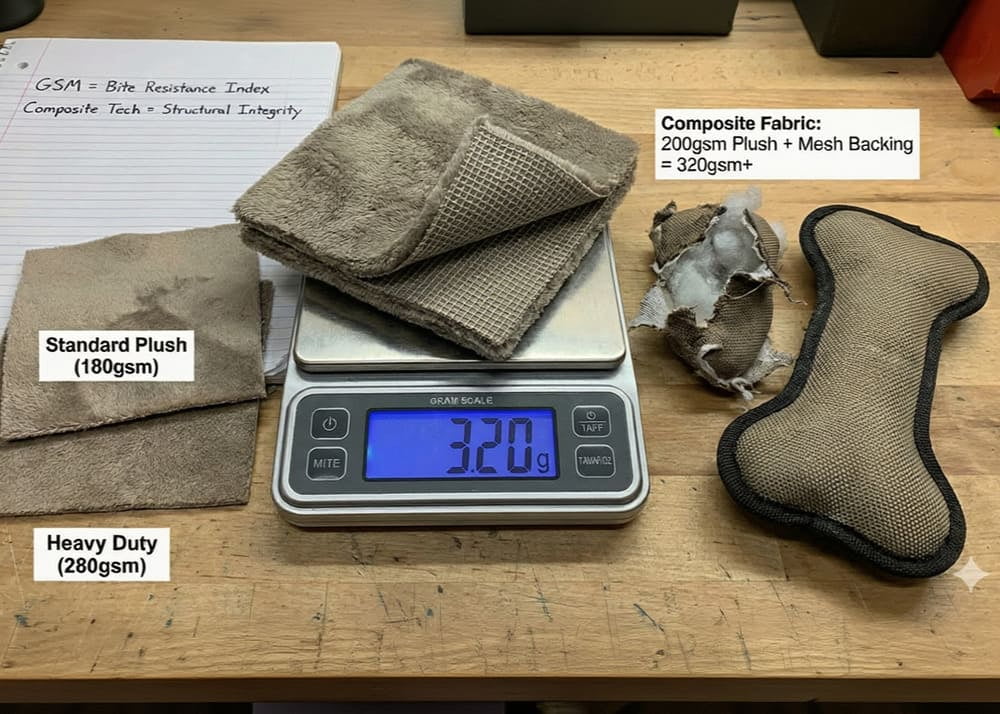 A digital gram scale measuring a circular sample of corduroy fabric to determine its GSM, alongside comparison samples of jersey and fleece fabrics with varying weights.