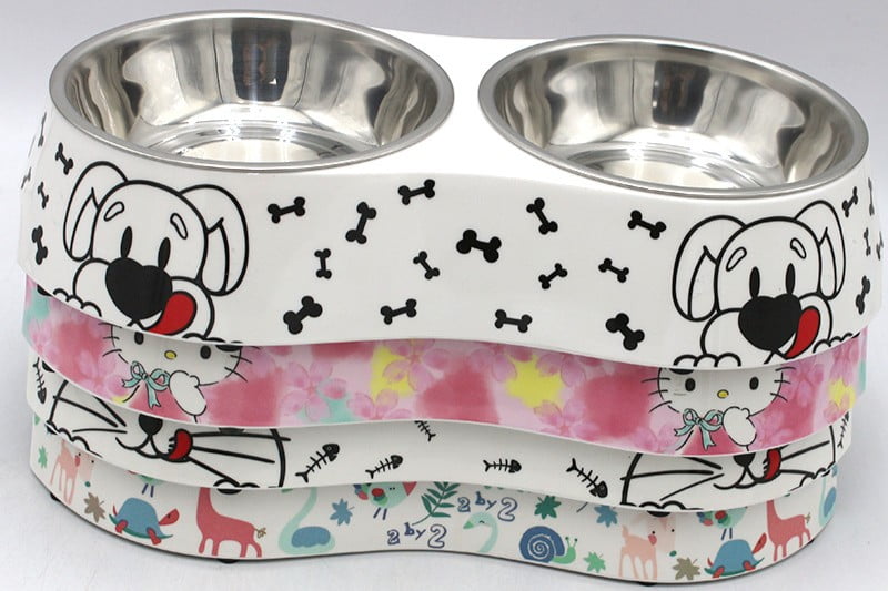 Melamine Material Double Pet Bowl with Stainless Steel Insert