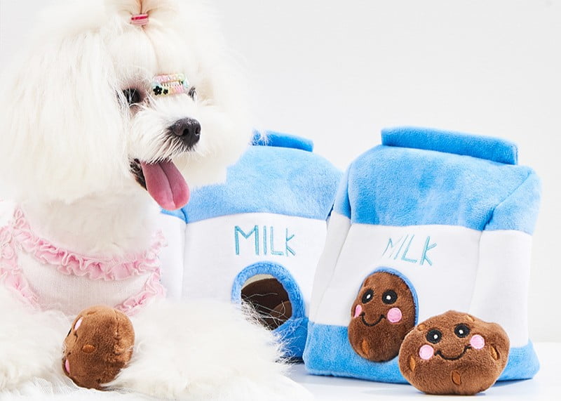 Hide and seek plush dog toy with smaller toys inside
