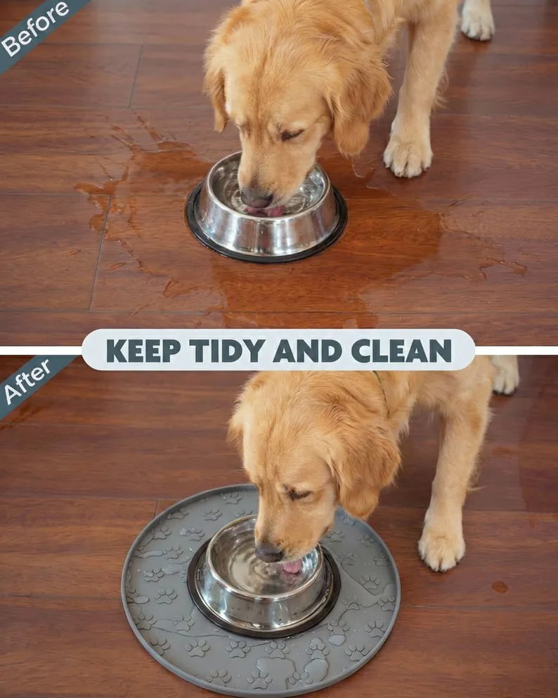 Aesthetic silicone pet placemat in a modern home environment protecting hardwood floors