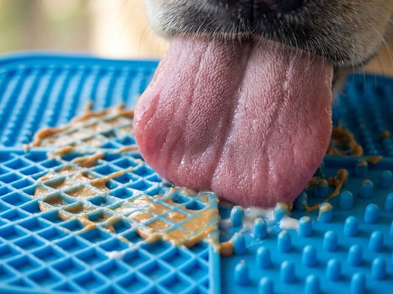 Close up of dog tongue interacting with lick mat surface