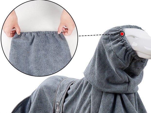 Dog bathrobe with adjustable elastic cord toggle on the hood for secure fit