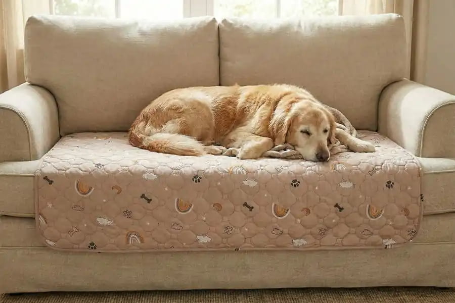 Large washable dog pee pad covering a sofa for senior dog care