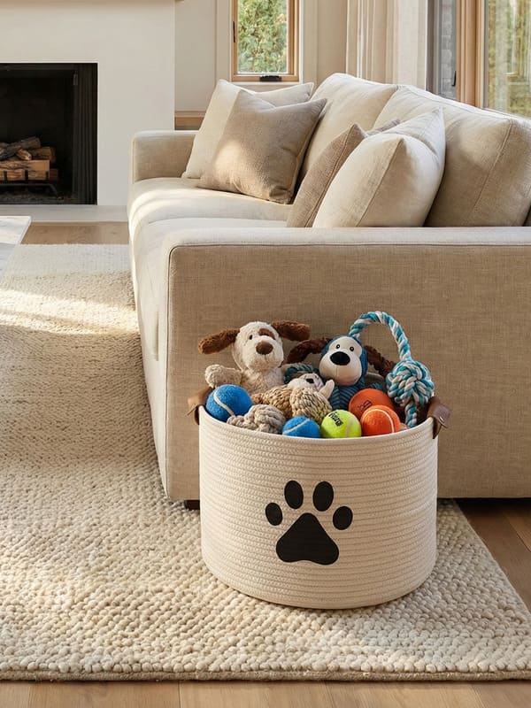 Premium woven dog toy basket in a modern living room setting showing large capacity and sturdy handles