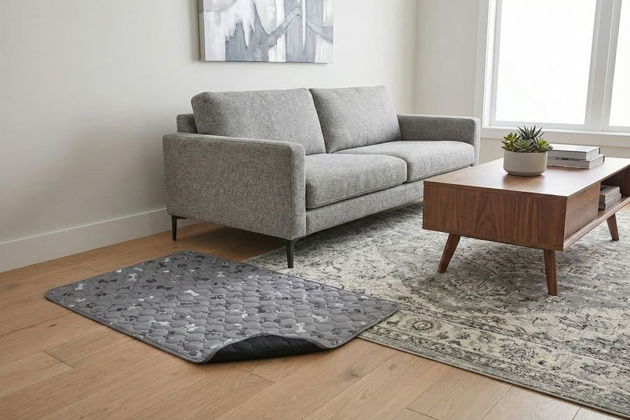 Modern grey washable pee pad blending into living room decor
