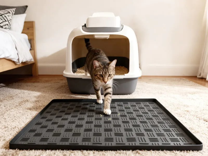 Modern indoor cat lifestyle with cat litter mat