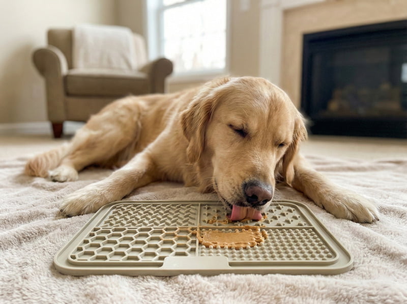 Relaxed dog enjoying a lick mat, demonstrating anxiety relief