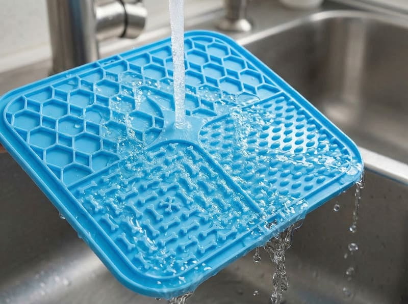 Water rinsing off a silicone lick mat, showing polished surface
