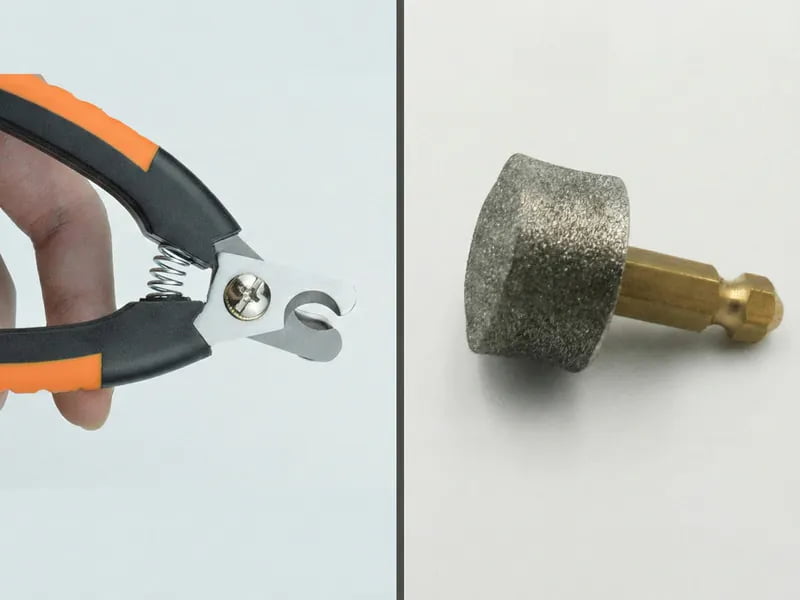Close-up of high-grade stainless steel blades and diamond grinding bit for pet nail care