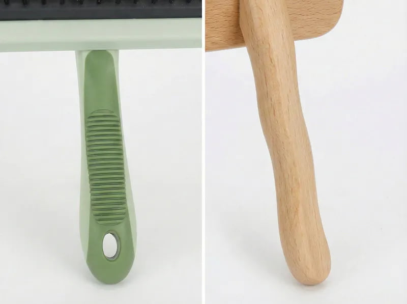 Pet Grooming Brush Handle engineering showing ABS and Wood options