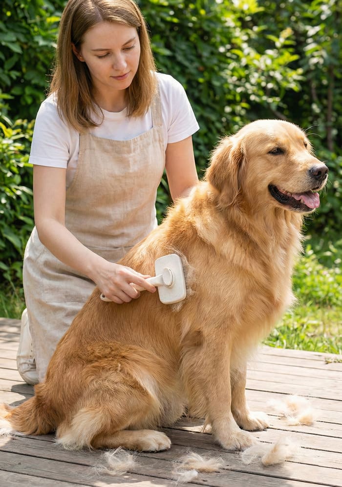 Owner using a professional pet grooming brush on a dog to remove loose fur