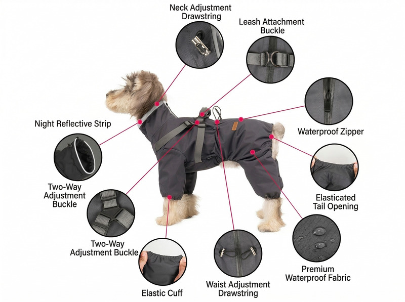 Adjustable dog raincoat with hood and elastic cuffs for splash protection