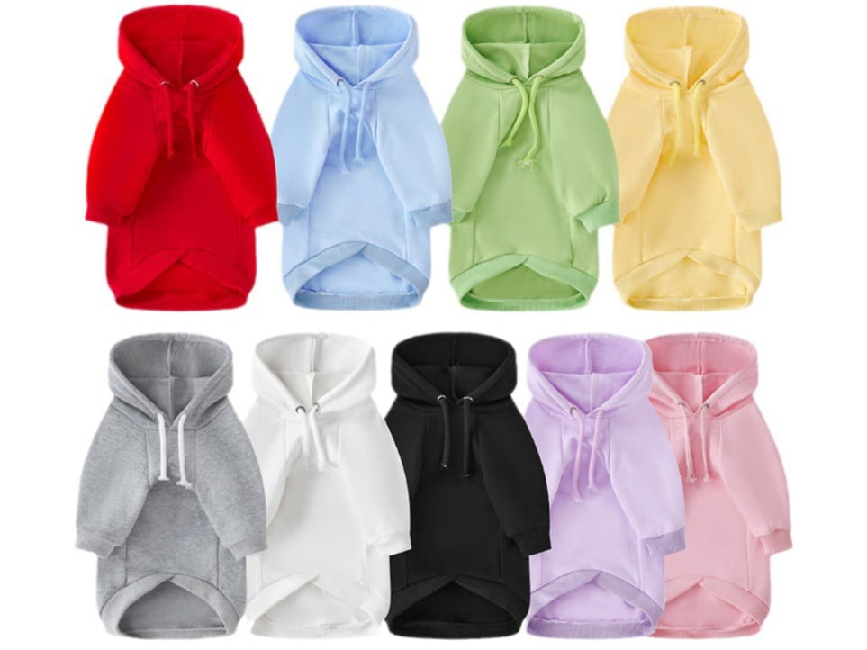 Stack of high-quality blank dog hoodies in various colors ready for printing