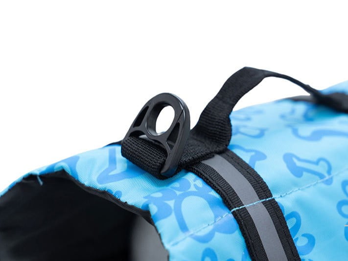 High-visibility dog life jacket vest with anti-rust hardware for saltwater environment