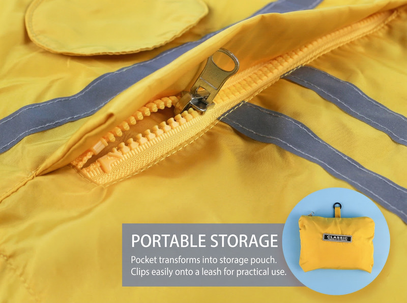 Lightweight functional dog raincoat folded into a built-in packable pouch