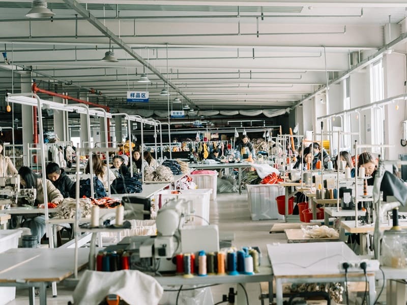 Large scale garment manufacturing line for pet hoodies showing quality control