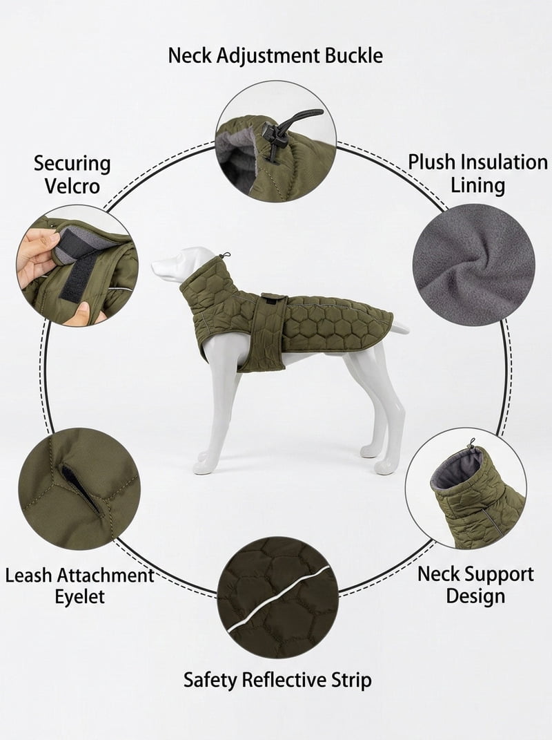 Anatomy of a premium pet winter coat showing structural and hardware design