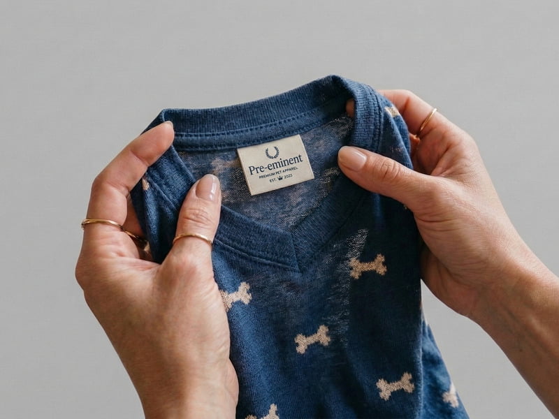 Tagless heat transfer label on pet t-shirt neck