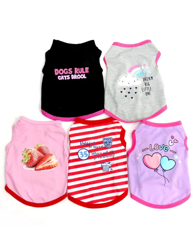 Various styles of pet t-shirts showing shedding control and matching outfit trends
