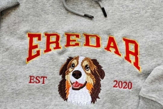 Chenille patches and embroidery details on pet hoodies