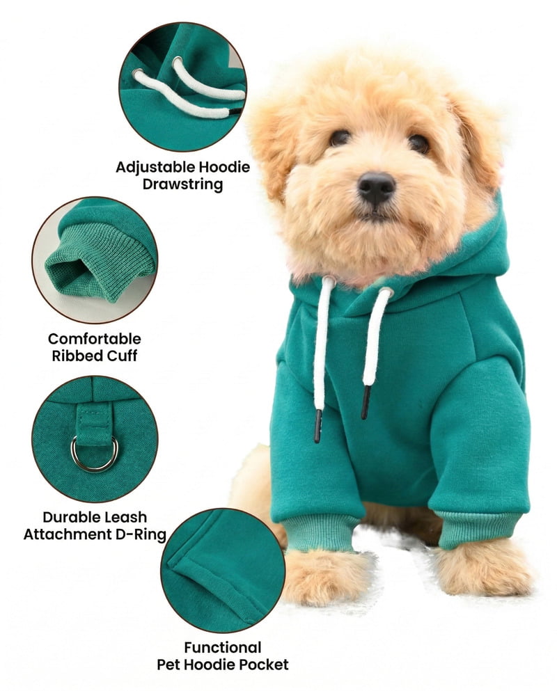 Diagram of ergonomic pet hoodie features showing snap-back hood and leash portal