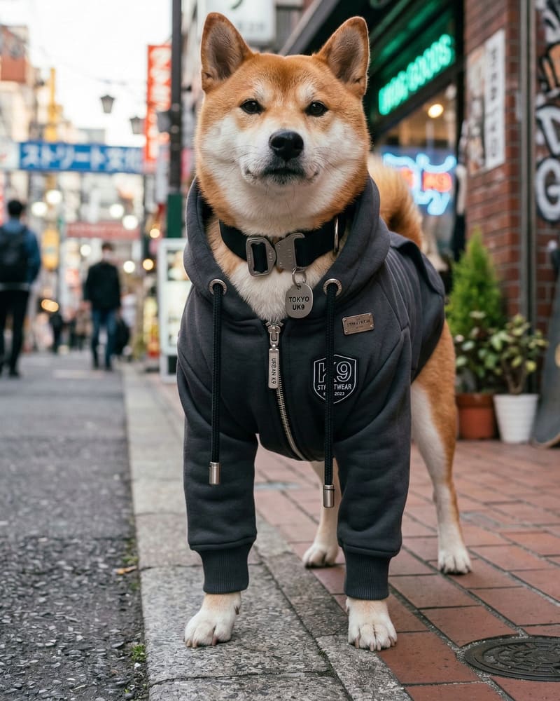 Stylish dog wearing a premium streetwear hoodie featuring high-quality fabric and metal hardware