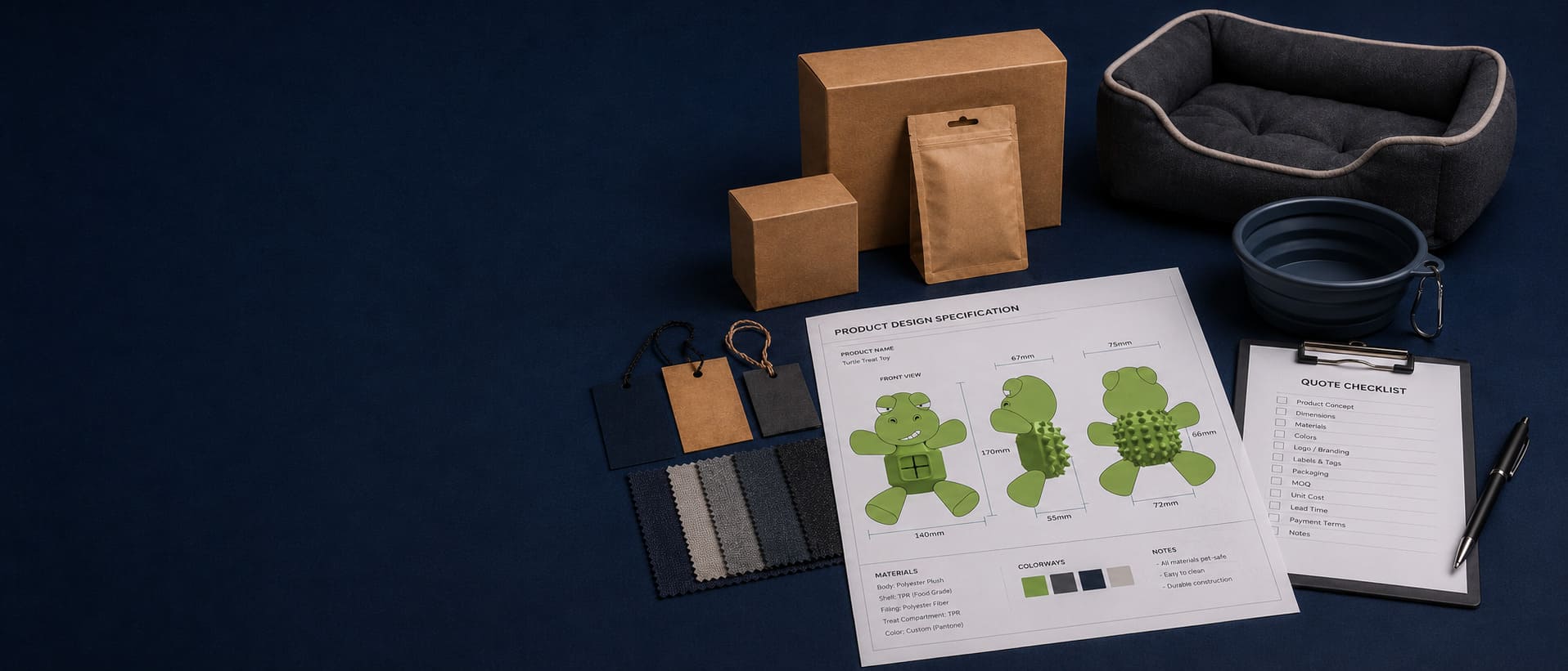 Custom pet product samples prepared for B2B project review