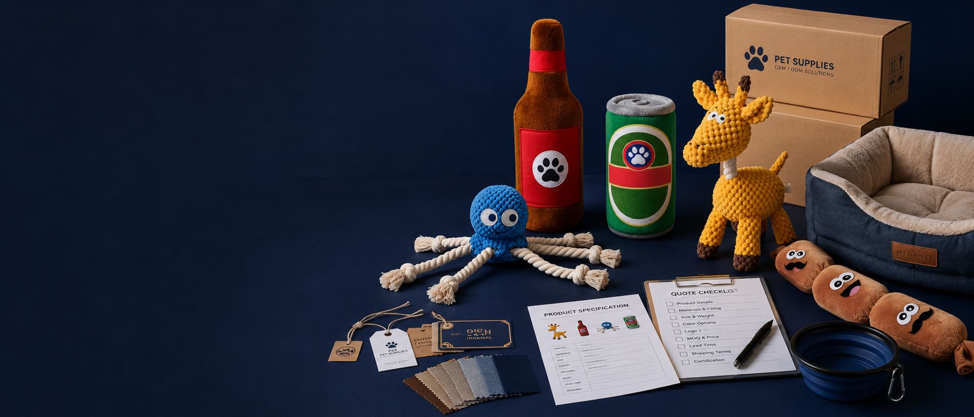 Custom pet product samples prepared for B2B project review