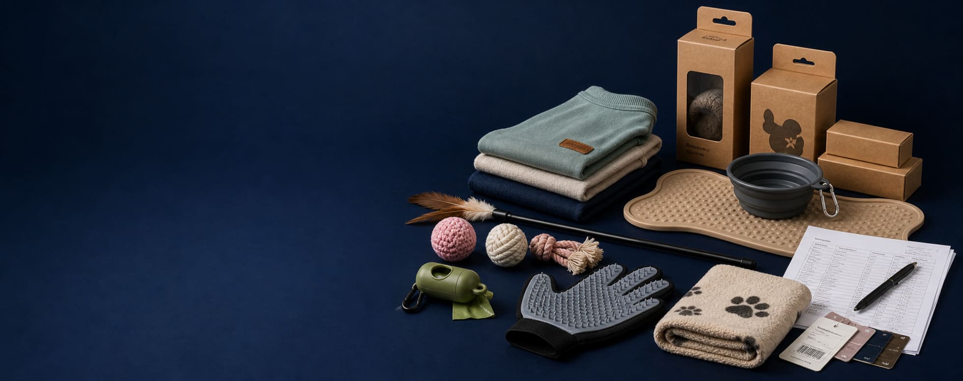 Pet product samples prepared for B2B sourcing review