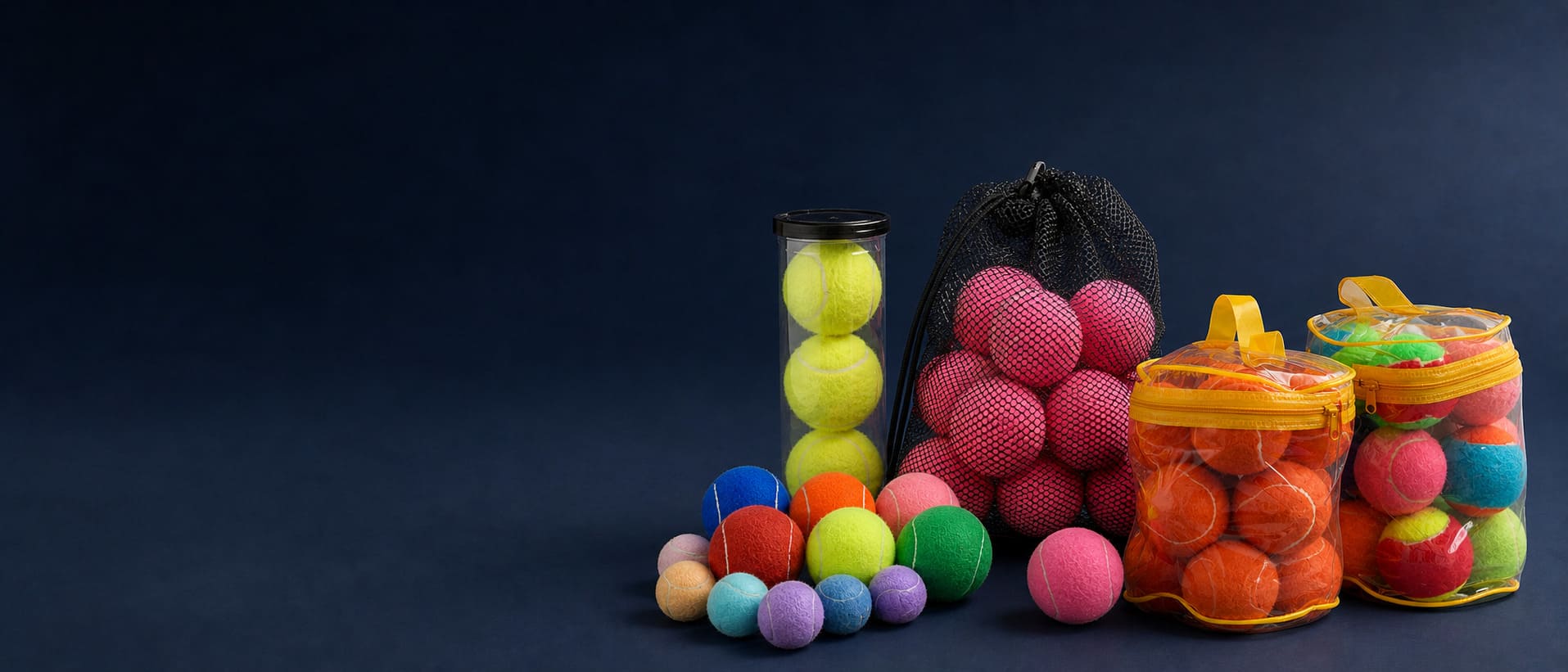 Assorted custom dog tennis balls in multiple colors and sizes with tube, mesh bag and zipper bag packaging