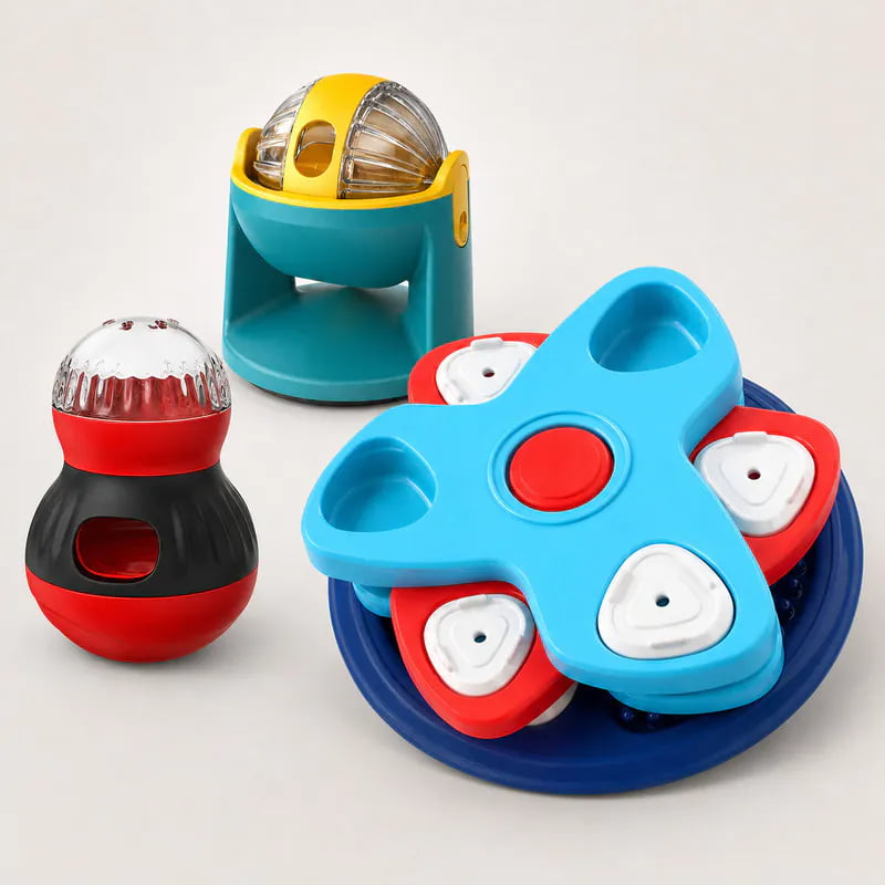 ABS plastic dog puzzle toy with rotating lids and treat compartments