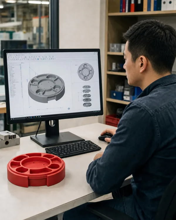 Product designer reviewing a CAD model for a custom molded dog puzzle toy
